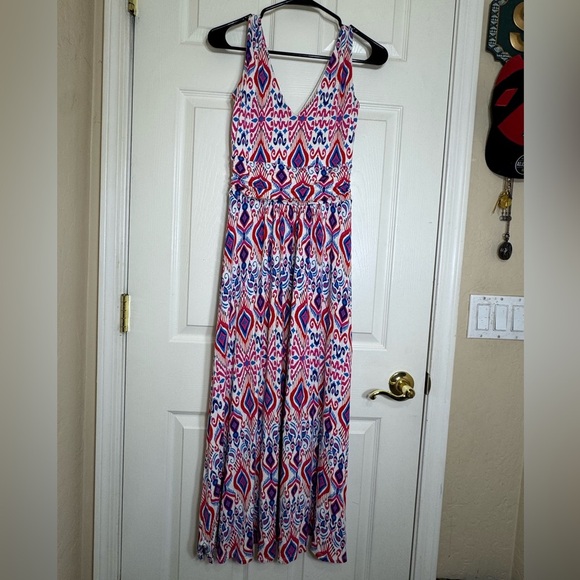 Boden Sleeveless Maxi Dress US 2P Pink Blue Ikat Print EcoVero Boho Summer - Picture 1 of 13